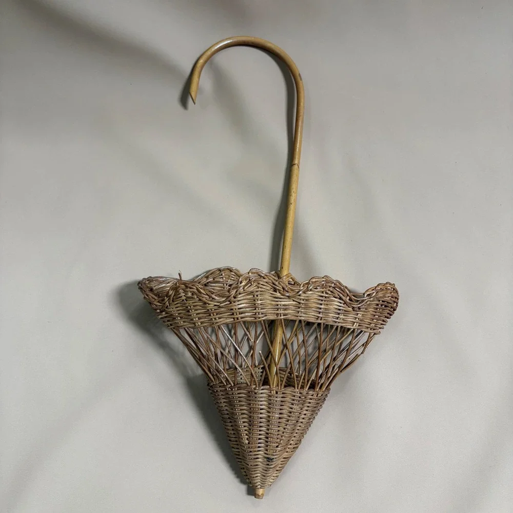 Vintage Wicker Umbrella Wall Basket Hanging Parasol Planter MCM Cottagecore